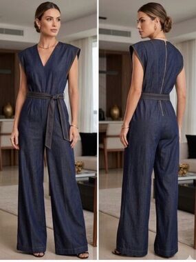 Calvin Klein Wide Leg Short Sleeve Belted
Denim Jumpsuit NWT Size 8